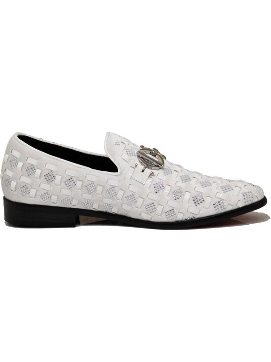 PARRAZO Men\'s White Glitter Rhinestone Loafers Metal Buckle Slip On Formal Shoes main image 6